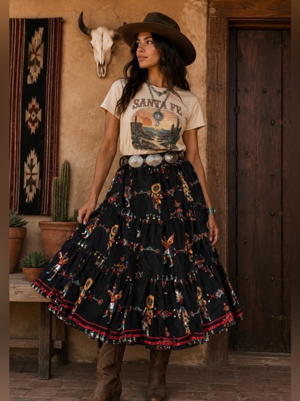 Santa Fe Prairie 8 Vintage Skirt Black Tiered Southwest Ranch Festival Western